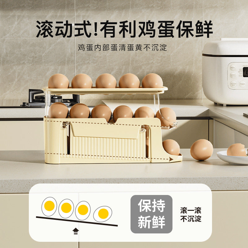 Anti-drop egg storage box on countertop Fixed slide type Automatic roll-down egg box Double egg tray for side door of refrigerator