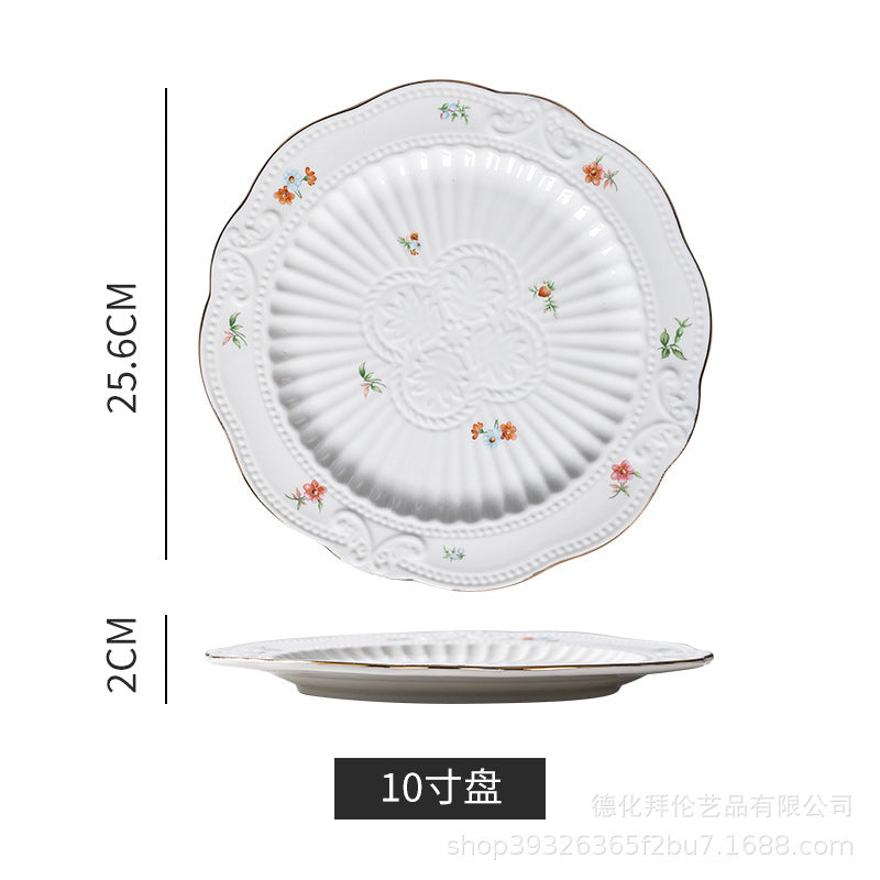 European-style floral dessert plate, three-tier fruit stand, modern display for show homes, creative embossed ceramic plate wholesale