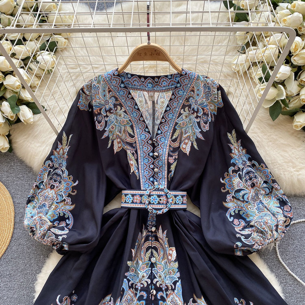 Accessible luxuryfrench palace style printingdress women's v neck puff sleeves waist design niche style socialite elegant skirt