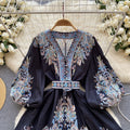 Accessible luxuryfrench palace style printingdress women's v neck puff sleeves waist design niche style socialite elegant skirt