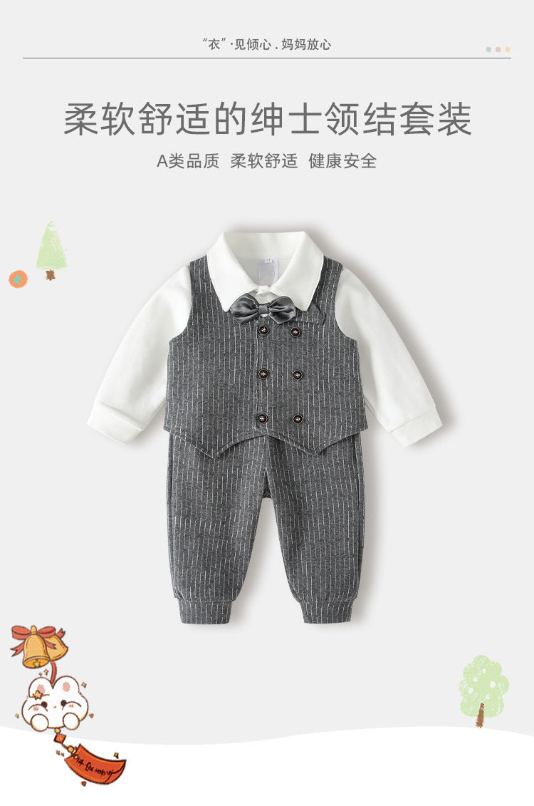 Boyssuit autumn clothing new arrival baby first birthday dress gray stripes suit vest catch zhou gentleman suit