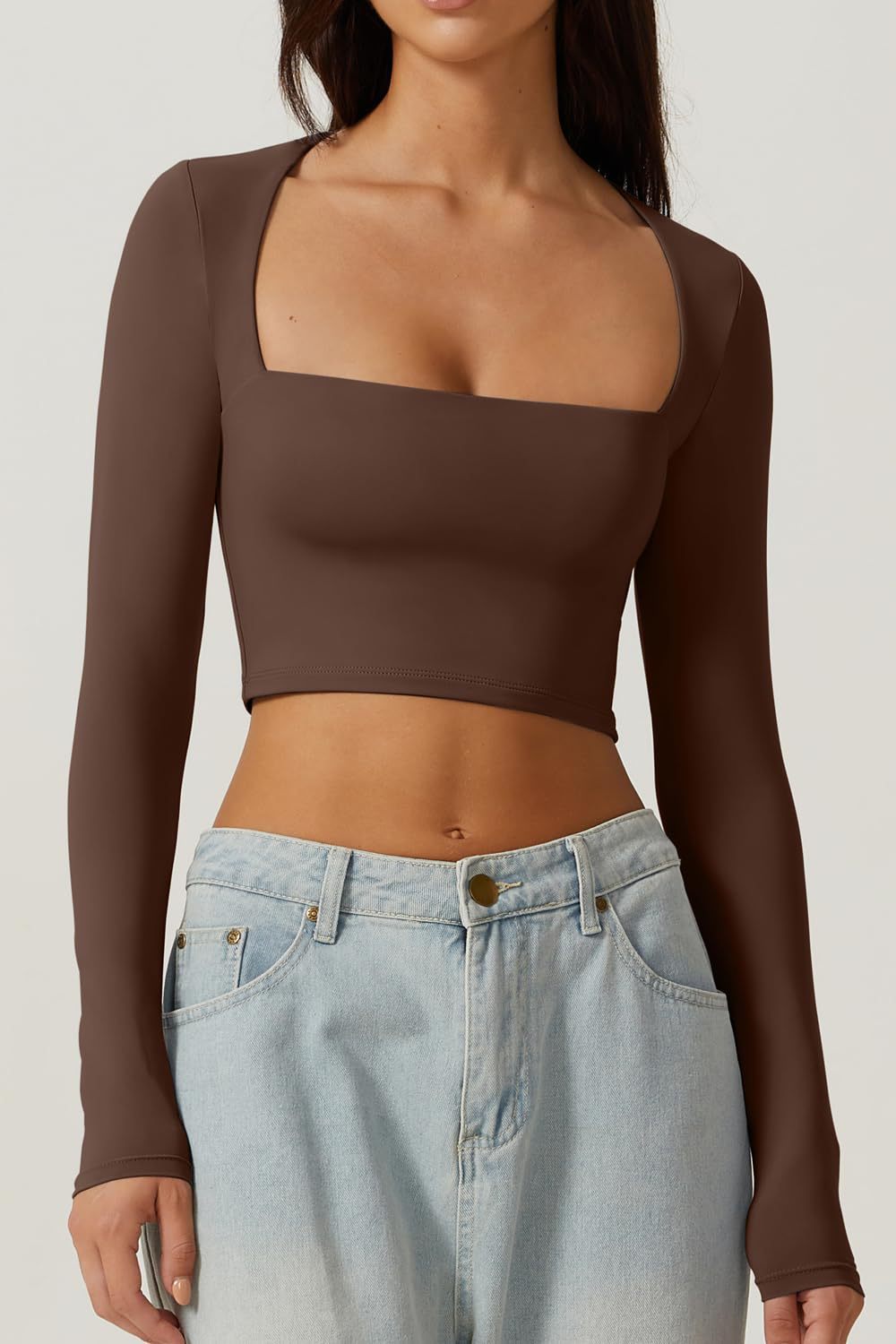 european and american autumn women's slim-fit cropped top: solid color square neck base layer, gentle long-sleeve square neck short top