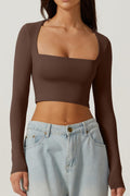 european and american autumn women's slim-fit cropped top: solid color square neck base layer, gentle long-sleeve square neck short top