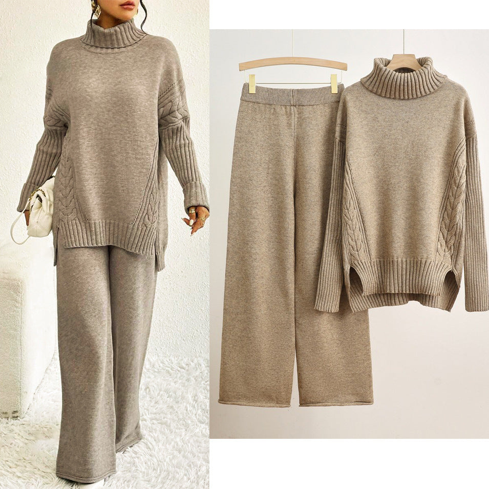 Autumn winternew arrivalknittingsuitelegantcasual slit sense of design high collar sweaterpure colorloose pantstwo-piece set