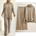 Autumn winternew arrivalknittingsuitelegantcasual slit sense of design high collar sweaterpure colorloose pantstwo-piece set