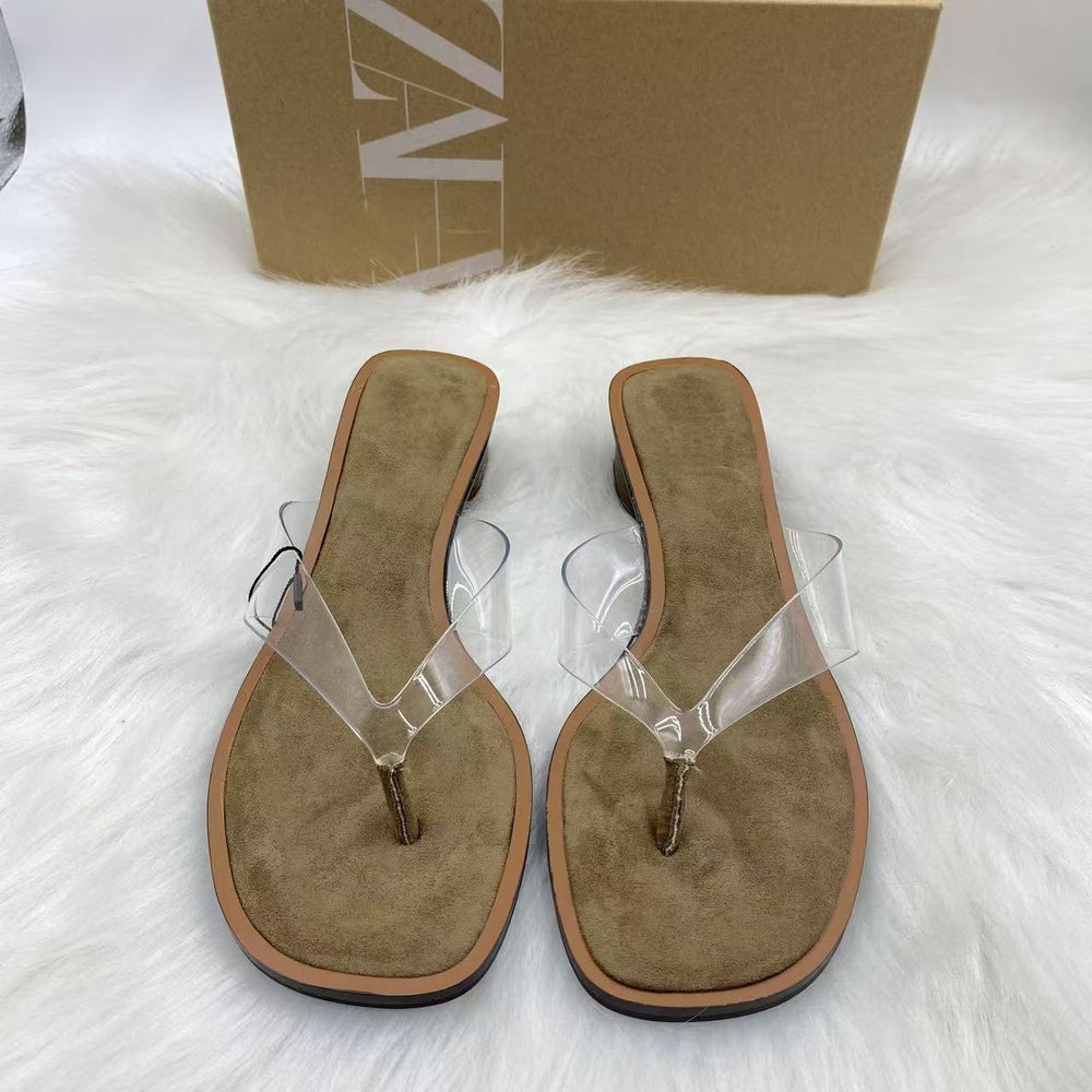 Za's 2025 summer new arrivals: women's wooden heel flip-flops, stiletto heel transparent pvc round toe casual sandals - beauty