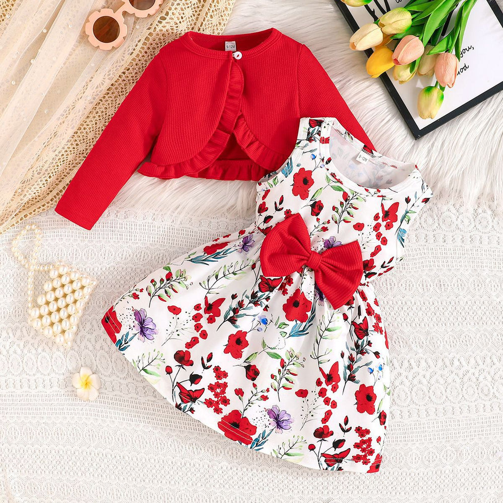 foreign trade exclusive solid color shrug and sleeveless dress butterfly embellished printed dress set