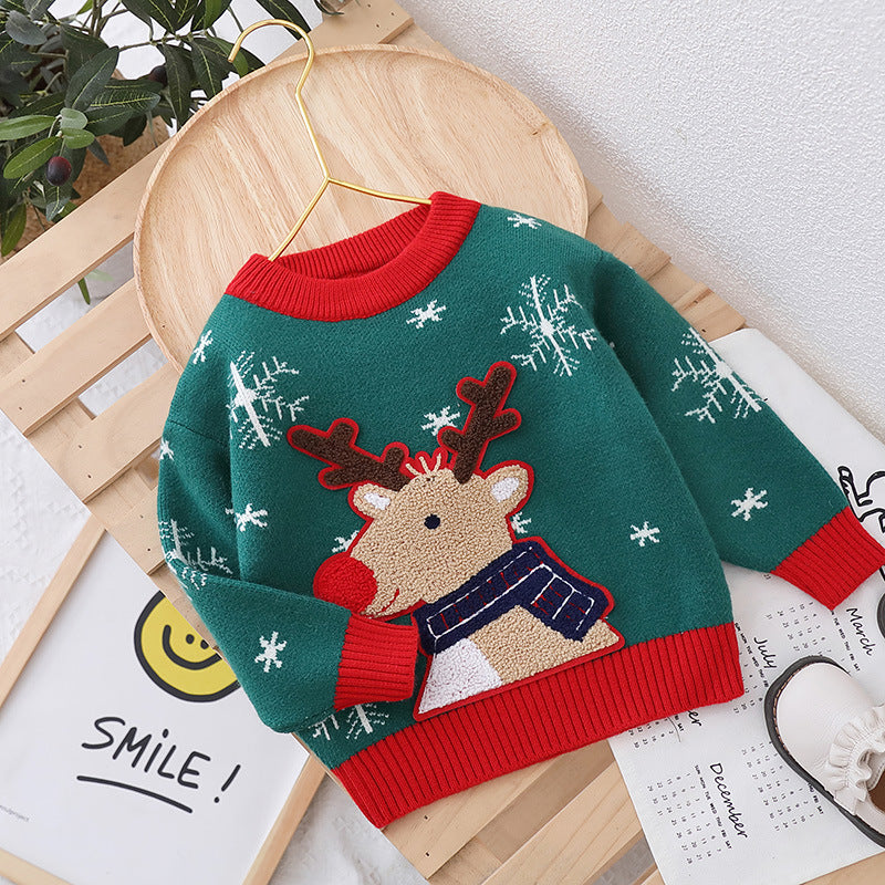 christmas fawn sweater for kids, fleece-lined and extra thick, chinese new year style, versatile knitted top for boys and girls