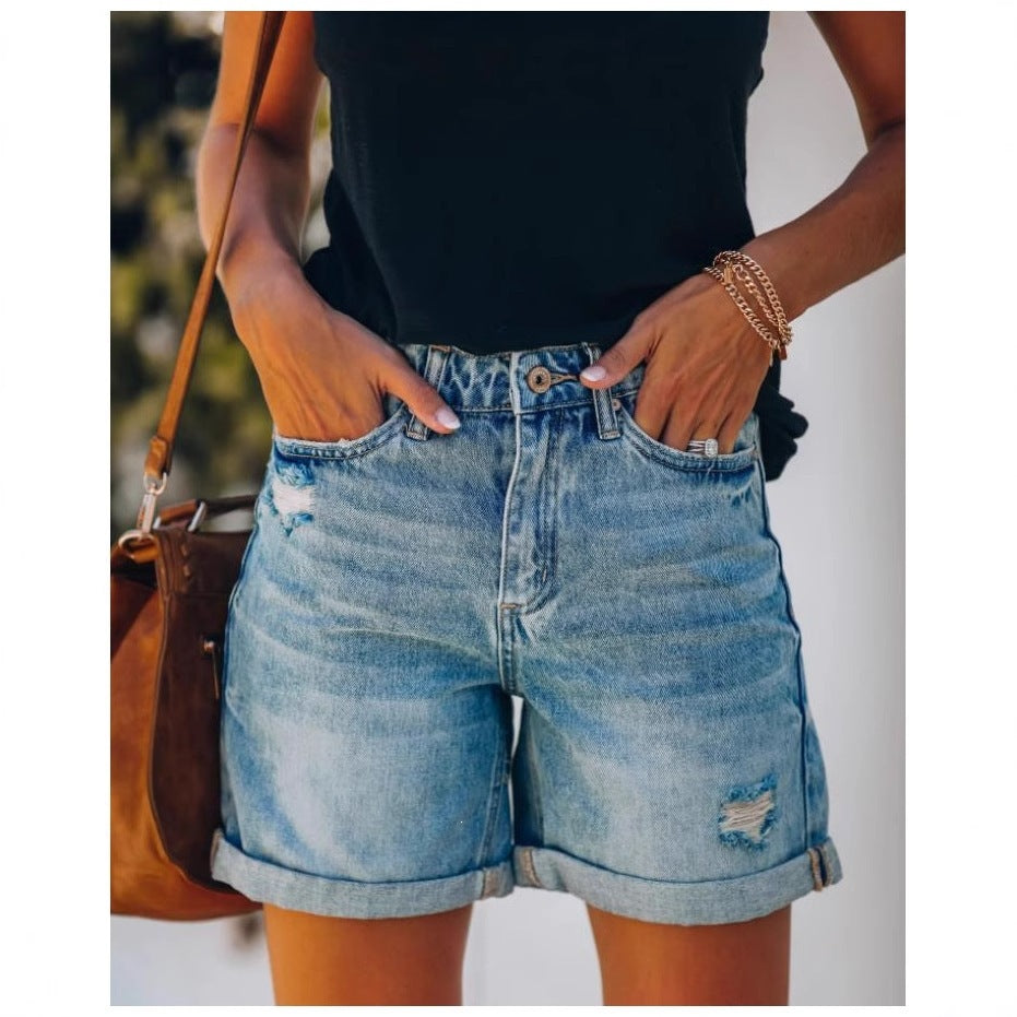 European and american clothing cross-border trade  new arrivalelegantcasual independent station ripped and rolled five-point denim shorts