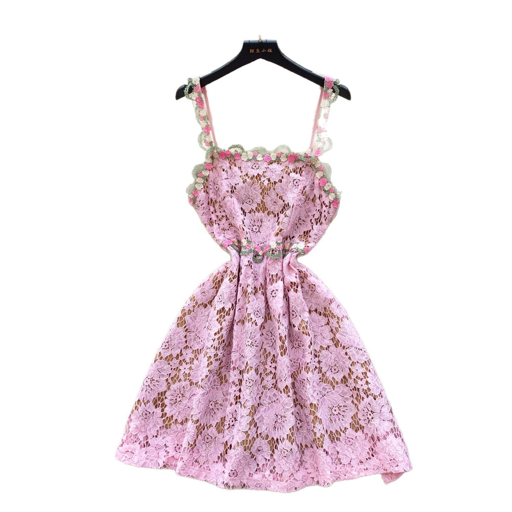 French romantic 3d rose lace cami dress - women's summer sexy slimming a-line dress