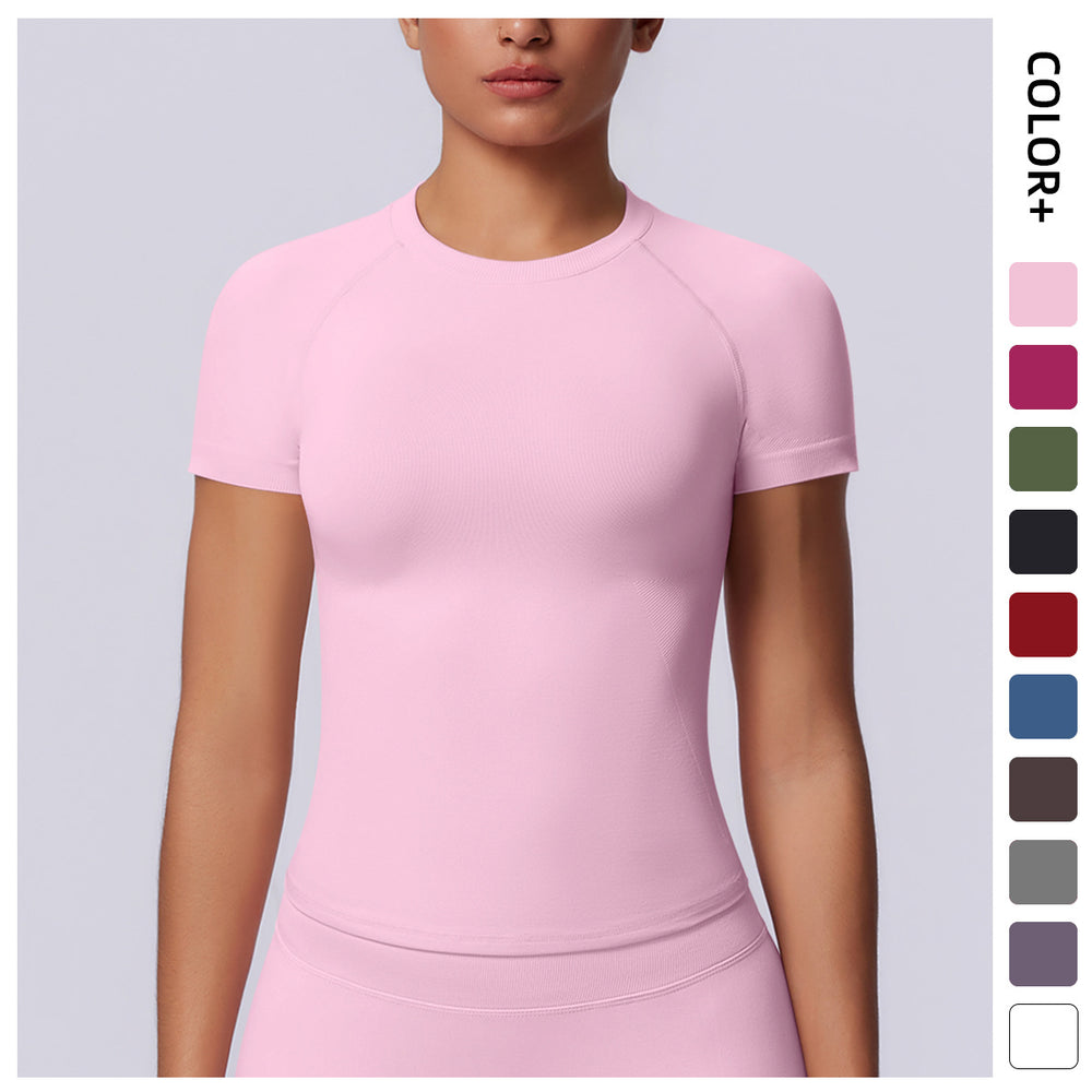 New arrival cross-border fashion seamless pure color tight high elastic breathable t-shirt sports running fitness yoga wear tops for women