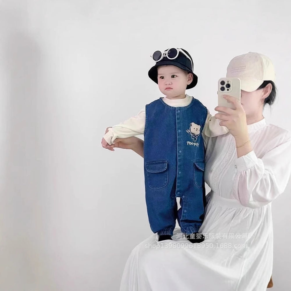 Spring and autumn suit baby clothes new arrival baby men and women infants and young children style denim suspenders two-piece set outing clothes