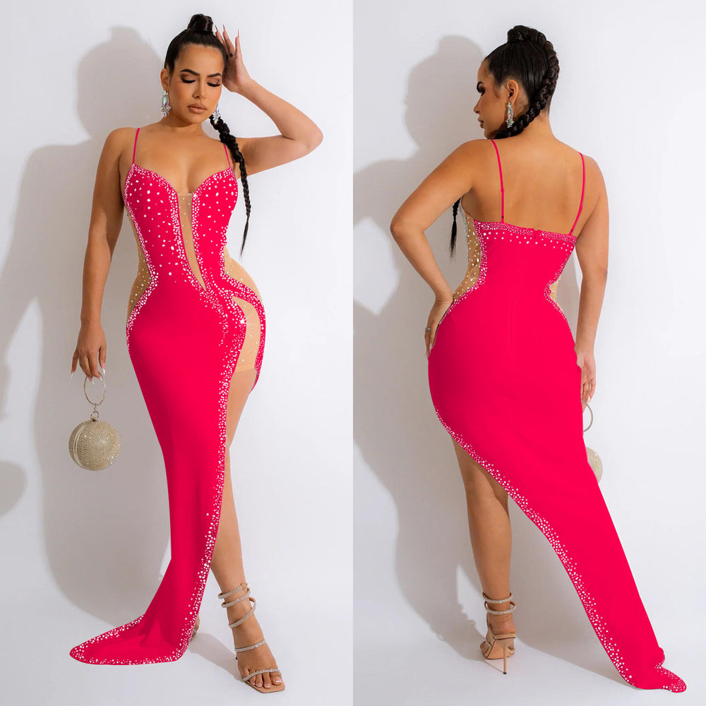 C6039   fashion women's solid color rhinestone hotfix long dress v-neck sleeveless spaghetti strap dress