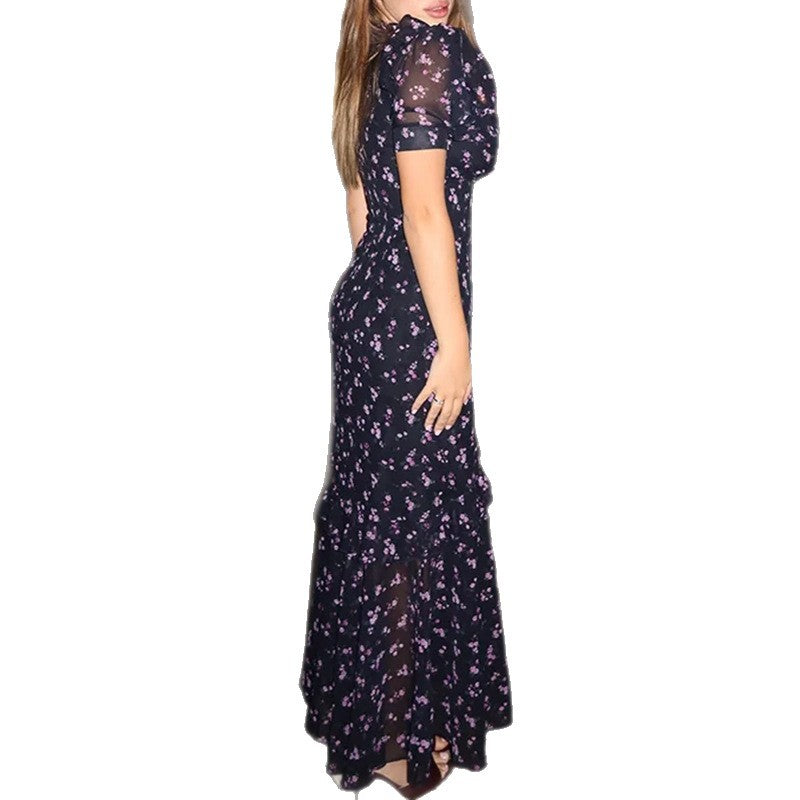 cross-border e-commerce women's fashion: european and american summer new arrivals - elegant, stylish, high-waisted, printed v-neck work dress