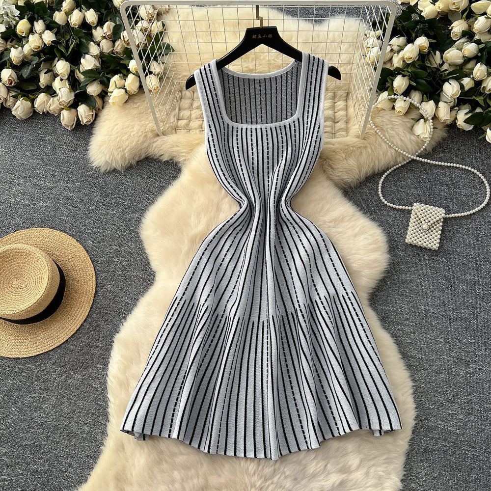 Classysense niche style square neck sleeveless stripesknittingdress women's summer waist slimming looka-line sweater vest dress