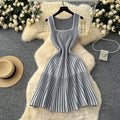 Classysense niche style square neck sleeveless stripesknittingdress women's summer waist slimming looka-line sweater vest dress