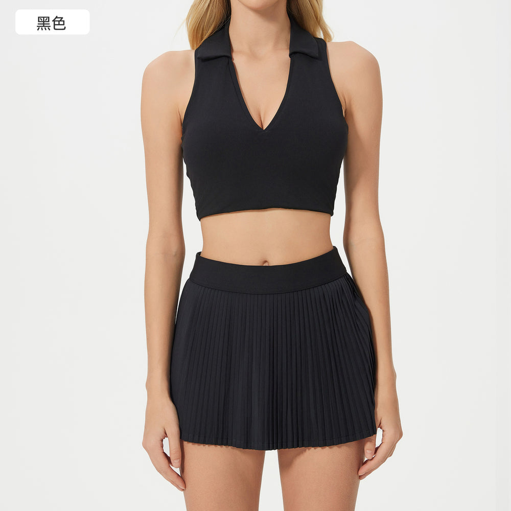Polo collar sports bra women's quick-dry breathable fitness tennis pleated skirt professional training yoga outfit set