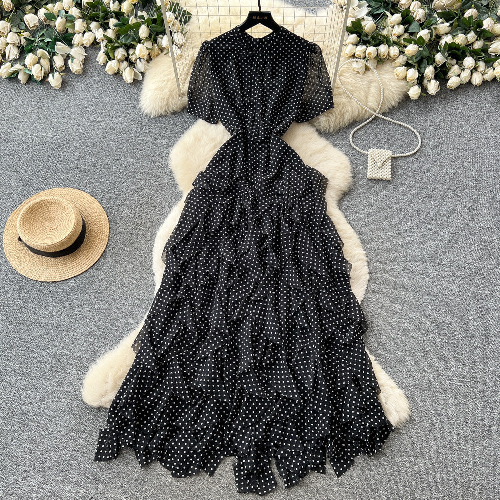 French romantic red polka dot a-line dress - women's summer irregular high-waisted slimming elegant maxi dress