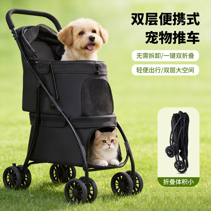 Double-layer pet stroller - lightweight, foldable, for small to medium dogs and cats - outdoor walking cart for dogs and cats