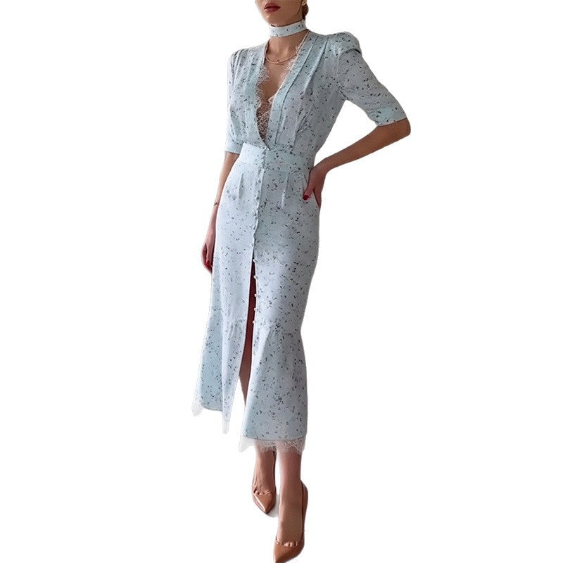 summer new arrivals: cross-border fashionable european and american women's clothing - elegant v-neck printed lace patchwork dress