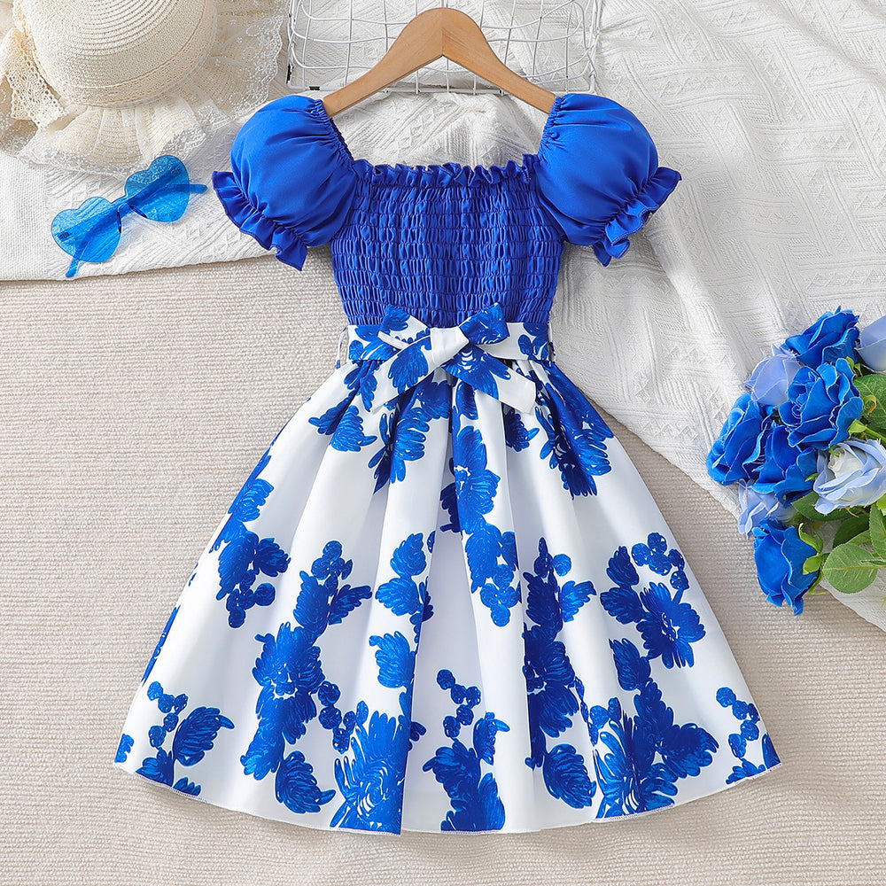 girldress blue lantern sleeves with belt patchwork a-line skirt printingkidssummerworkwear skirt