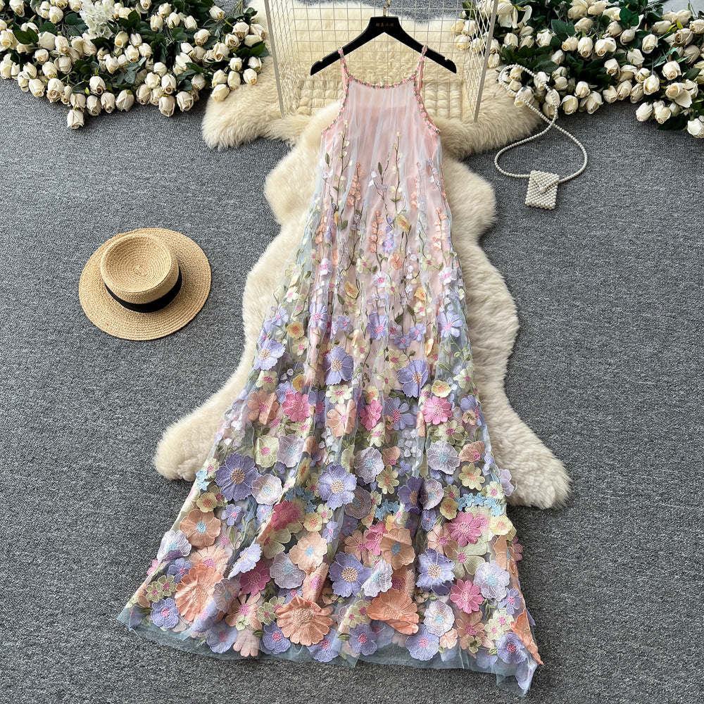Super fairy stereo flower embroider mesh dress female summer sleeveless a-line elegant long skirt slimming look beautiful dress
