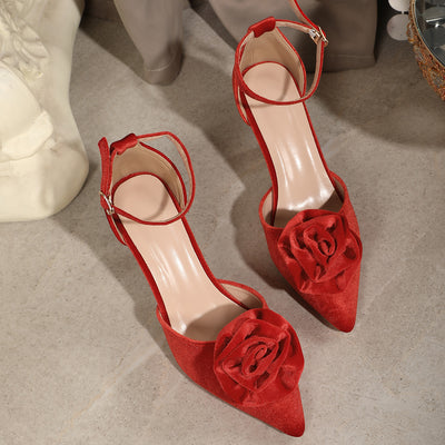 Women's high heels red rose embellished stiletto pointed toe fashion casual sexy shoes