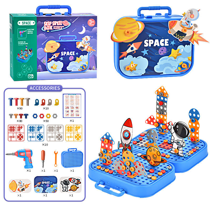 Cross-border export children's electric drill building block screws toolbox toys electric DIY dismantling dinosaur unicorn puzzle