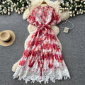 Korean style printed sweet & cute dress - women's summer short sleeve a-line dress with lace trim and tie detail - perfect for work or casual wear