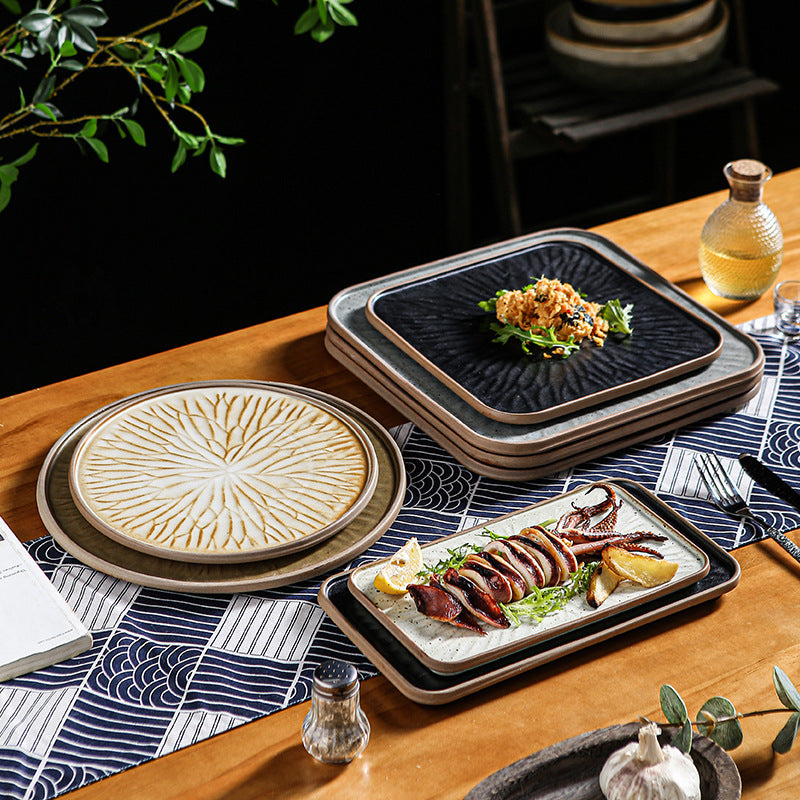 Stylishretro creative ceramic tableware kiln turned flat plate restaurant hotel stoneware western food steak plate japanese round plate