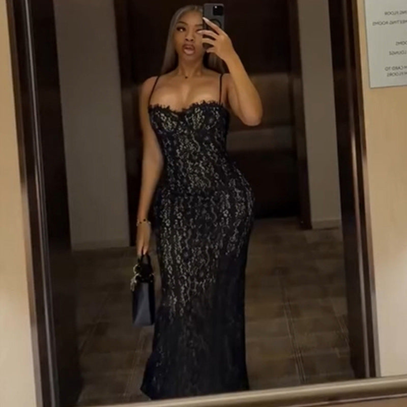 European and american cross-border women's fashion:  summer new arrivals - sexy, elegant, slim-fit, and figure-flattering lace black slip dress
