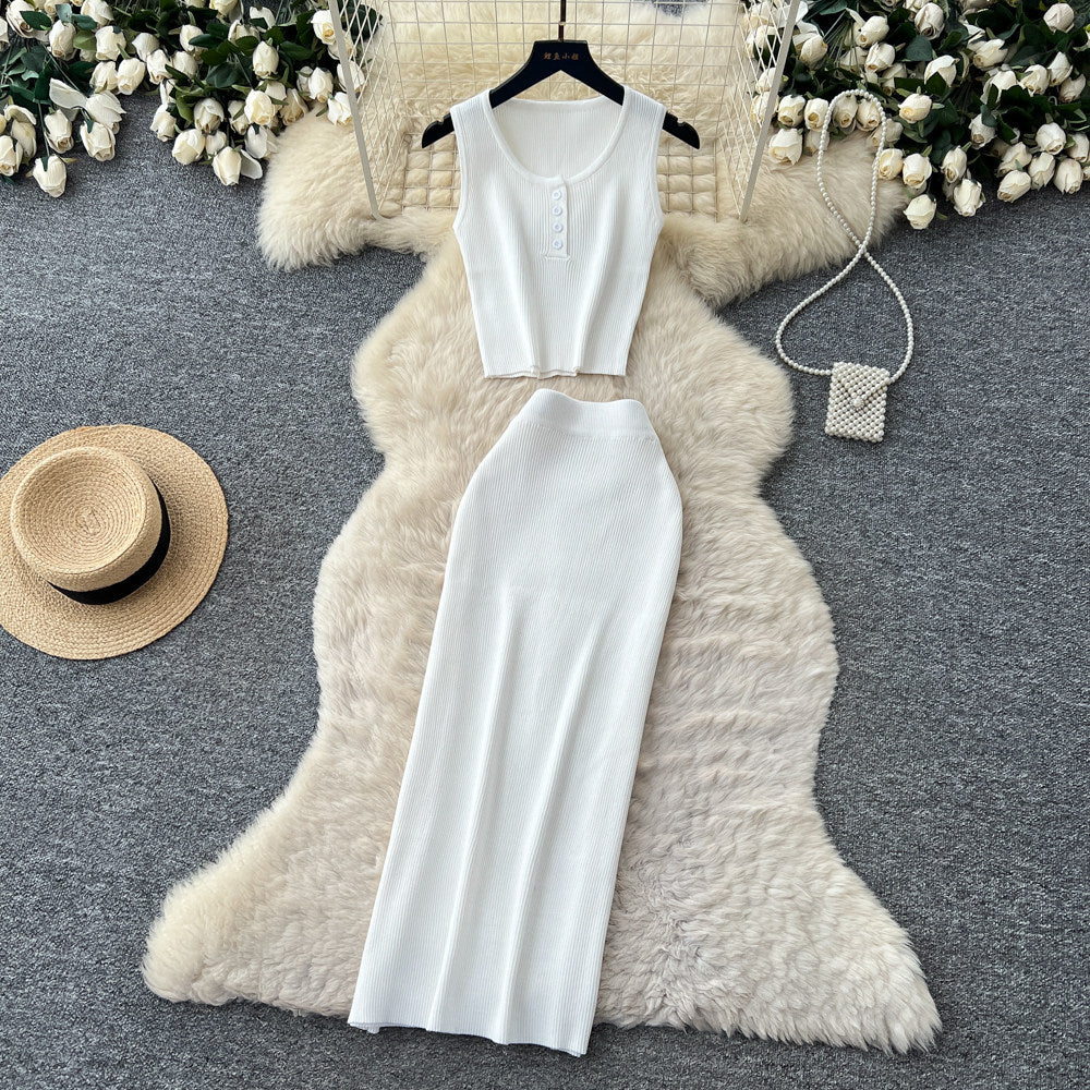 Luxury minimalist sleeveless knit two-piece set for women - summer casual commute high-waisted slimming fit
