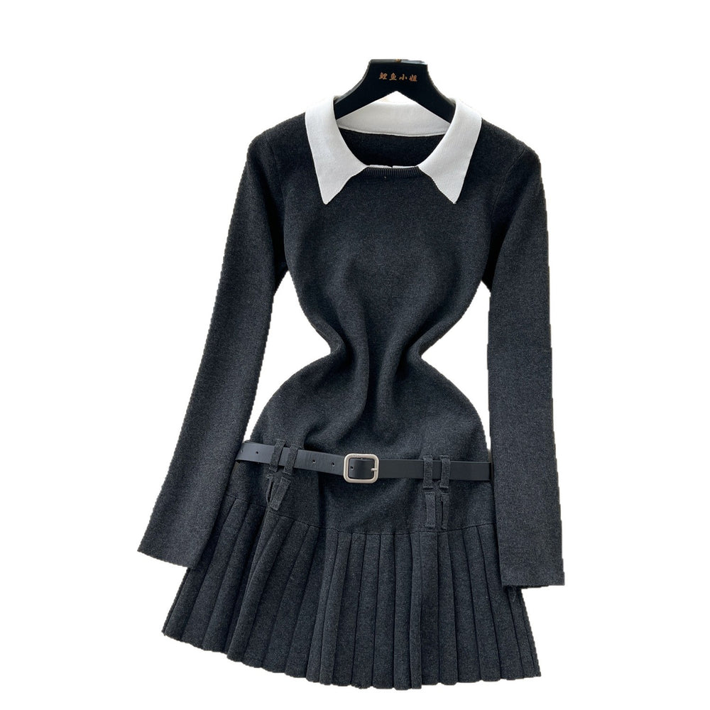Preppy style retrosense of designfake two-piece knittingdressfemalefall and wintermatching belt silmpleated skirt