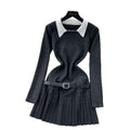 Preppy style retrosense of designfake two-piece knittingdressfemalefall and wintermatching belt silmpleated skirt