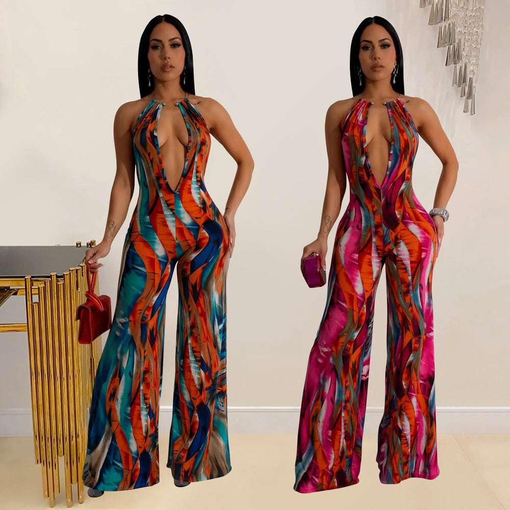 C6930 cross-border   fashion women's printed sleeveless deep v color block backless long jumpsuit