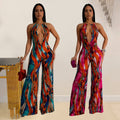 C6930 cross-border   fashion women's printed sleeveless deep v color block backless long jumpsuit