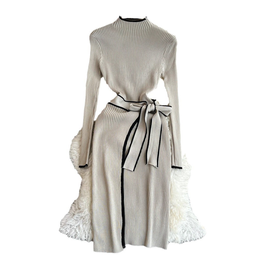 Fall and winter korean chiccontrast colorlong sleeves stand collar waist slimming look medium longtie back hip-covering bottom knittingdress