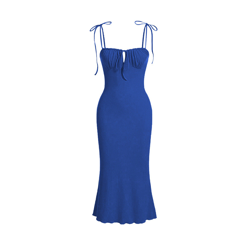 sexy drawstring tie bodycon mermaid maxi dress with spaghetti straps - vacation-ready french style