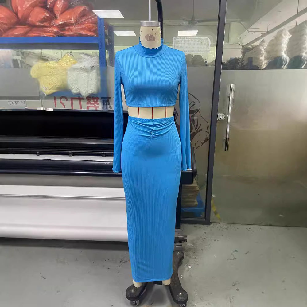 European and american  cross-border new arrival: elegant women's solid color cropped flare sleeve top and pleated maxi skirt two-piece set