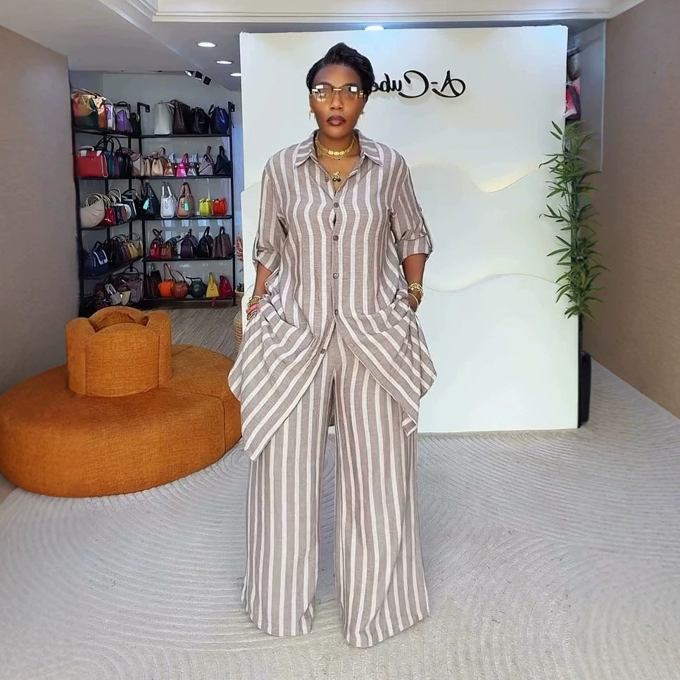 European and american cross-border women's fashion:  summer new arrival - stylish and elegant long striped shirt top and wide-leg pants set