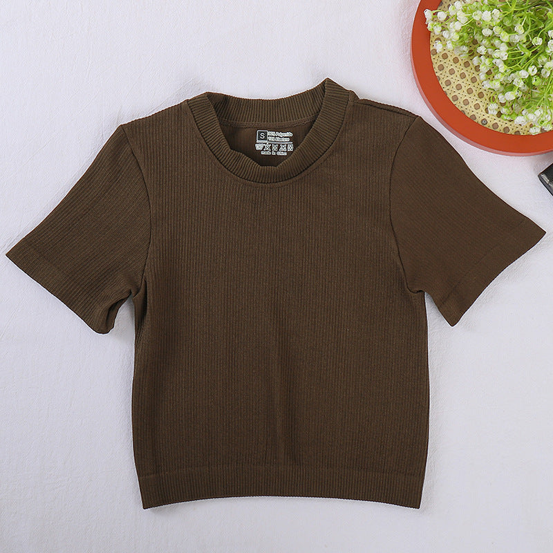 Cross-border new crew neck T-shirt  yoga sports short-sleeved threaded cotton spring and summer pullover short-sleeved top