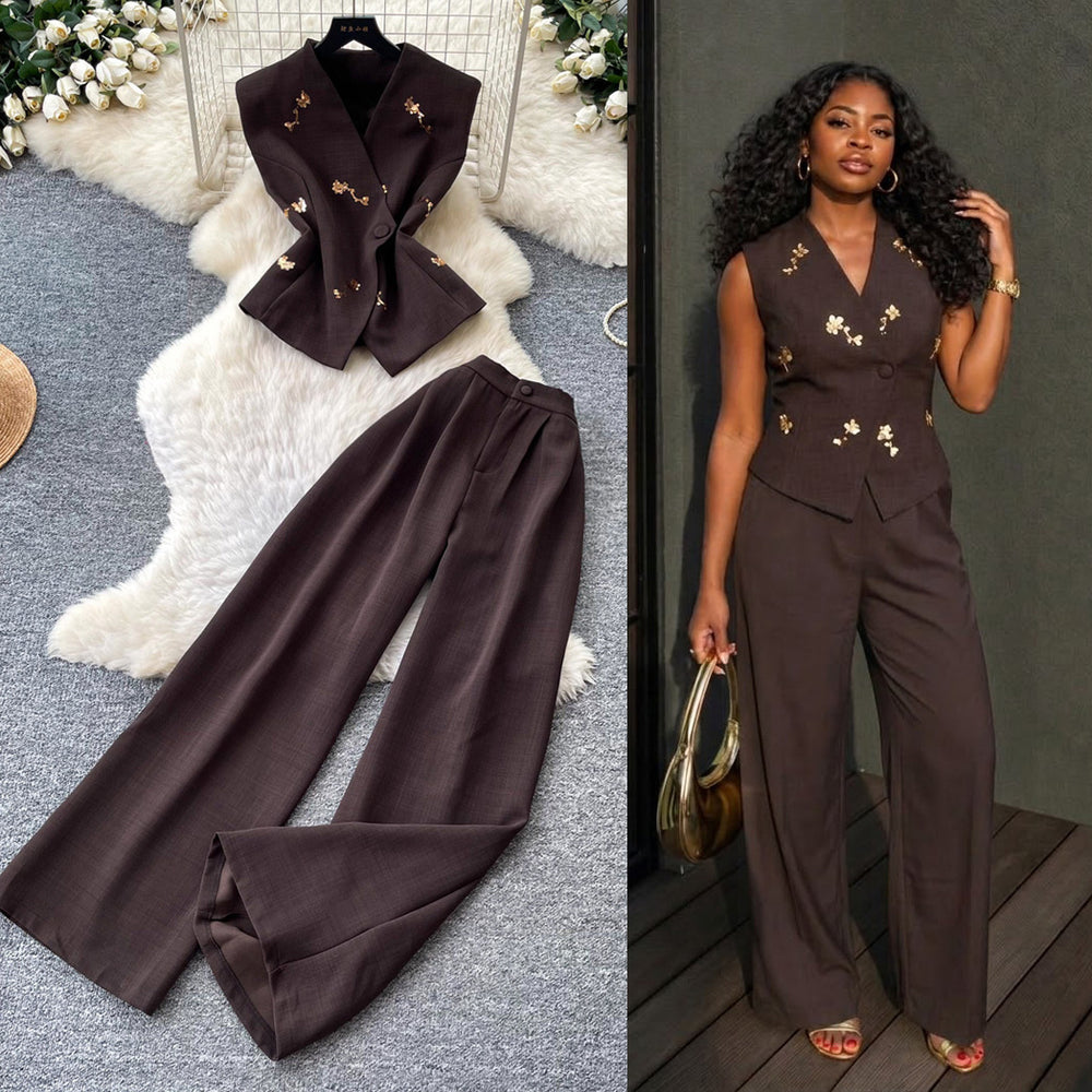 Light mature style vest high waist casualloose pants two-piece set women's summerclassy sense silmslimming look skirt suit