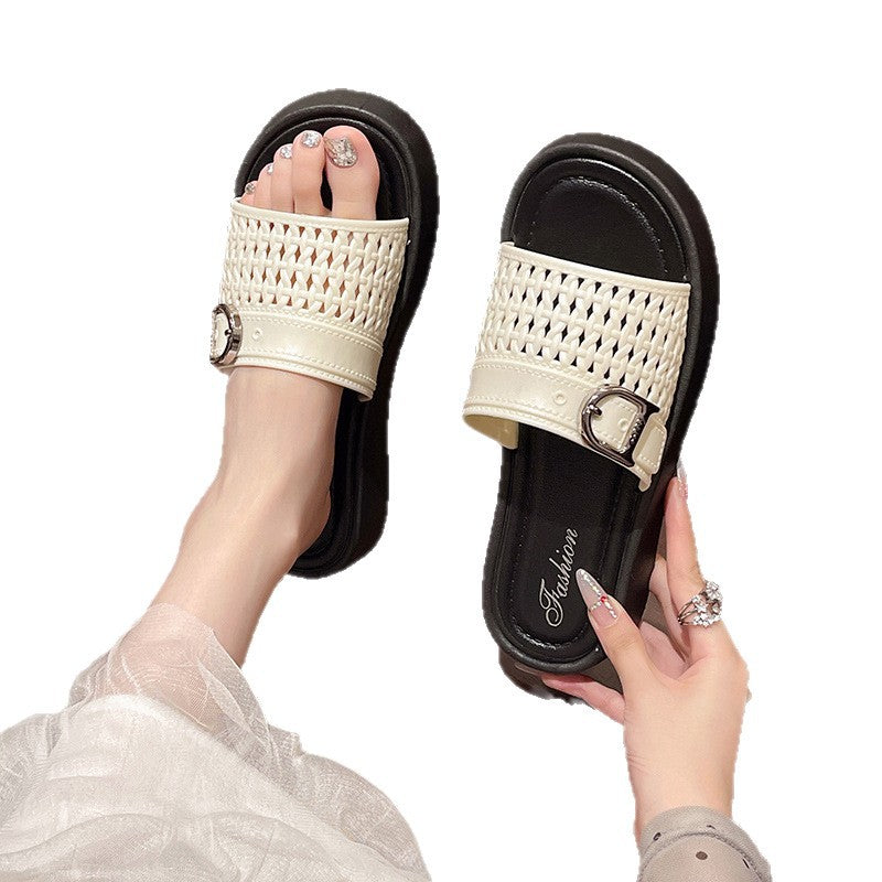 Women's summer slippers 2025 new thick-soled hollow-out buckle strap beach sandals fairy style with skirt one-strap slippers