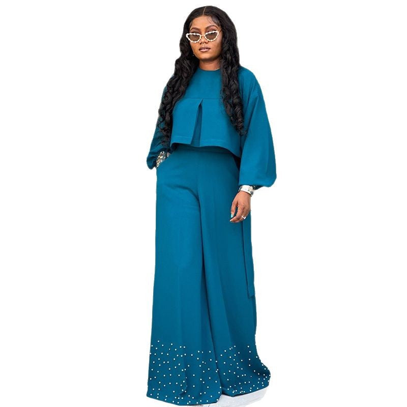 European and american cross-border women's clothing  summer new collection: round neck irregular lantern sleeve top and beaded wide-leg pant set