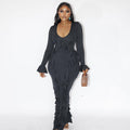 European and american women's clothing  autumn new sweet and fresh v-neck bell sleeve ruffle high-waisted slimming bodycon dress