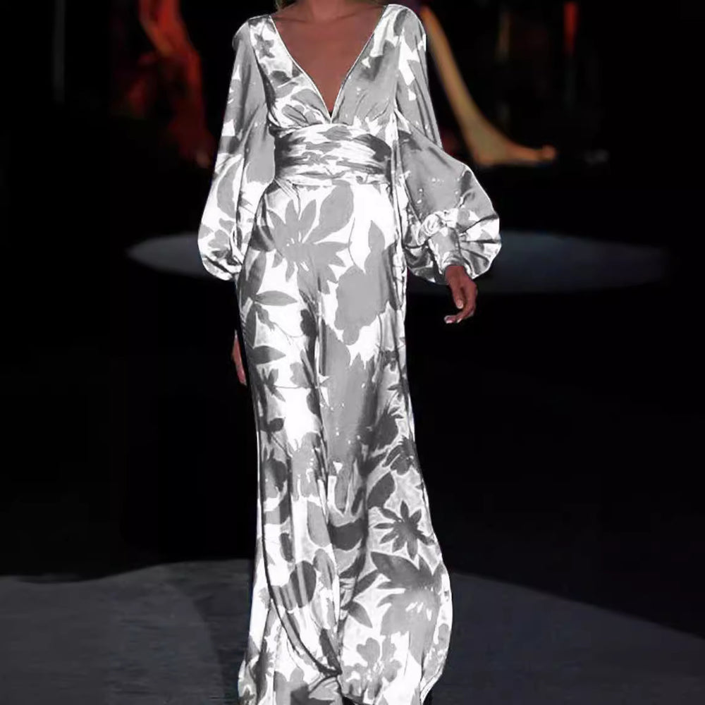 spring/summer new arrivals: european and american style fashionable printed dress - sexy v-neck, cinched waist, loose fit maxi dress