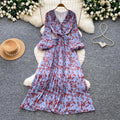 French-inspired v-neck lantern sleeve printed dress - spring floral korean style, slimming a-line maxi dress