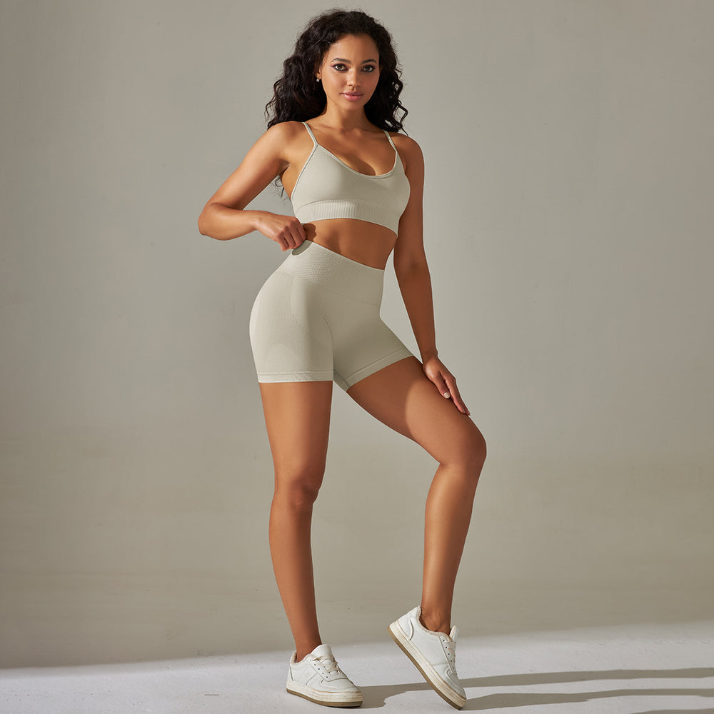 fashion seamless pure color high elastic tight peach back sports intimates yoga clothes three-quarter shortssuit for women