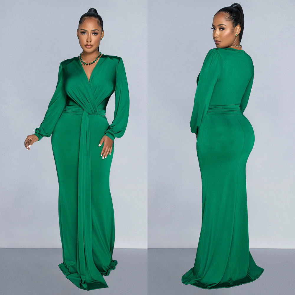 C6796 cross-border   fashion women's solid color sexy deep v ruched maxi dress