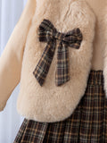 new summer cross-border fashion girls' fuzzy vest + knitted top + plaid skirt three-piece set